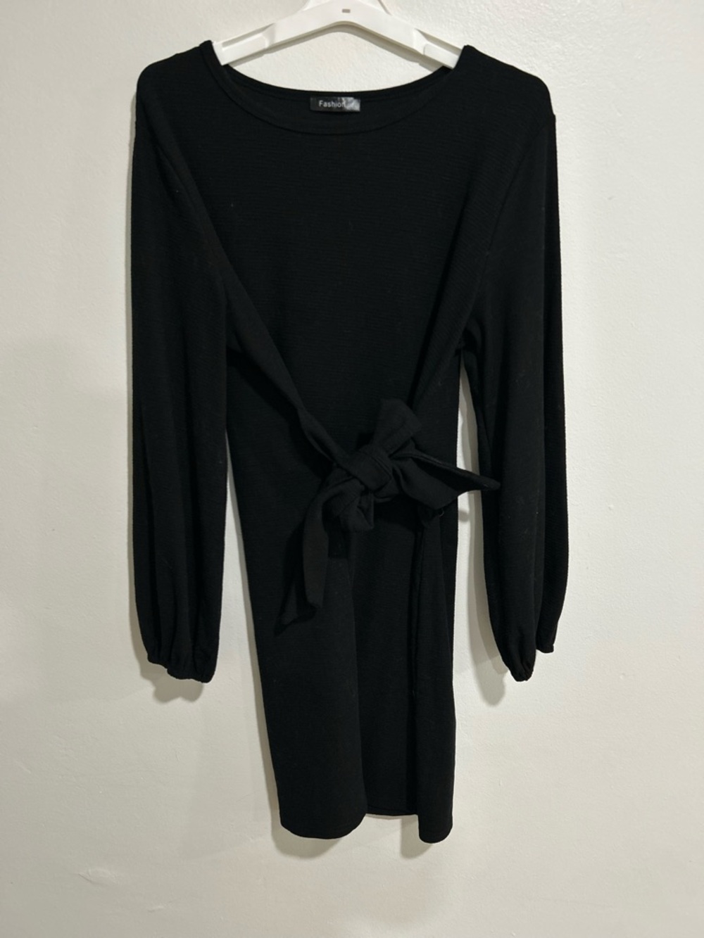 Black Long-Sleeve Tie-Waist Mini Dress